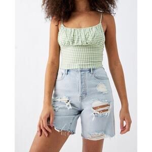 NWT PACSUN Light Blue Distressed High‎ Waisted Rise Denim Jean Boy Shorts Sz 28